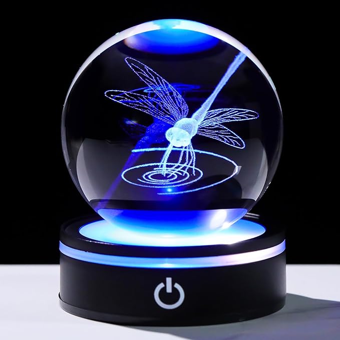 YWHL Crystal Ball 3D Dragonfly Figurine with LED Base, Dragonfly Gifts for Men Women on Christmas Birthday, Glass Animals Insect Sphere Decorative Ball for Home Decor (80mm)