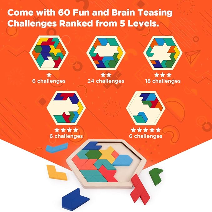 Vanmor Wooden Geometric Tangram Puzzle Blocks - 3D Logic IQ Brain Teaser Jigsaw | Montessori STEM Educational Toy with 60 Challenges for All Ages