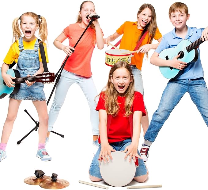 Kids Drum Set 8 Inch Wooden Toy Drum with Adjustable Strap 2 Drumsticks Educational Sensory Musical Instrument Toy Set for Toddlers Kid Baby Boys Girls Gift(Kids Style)