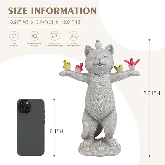 MININOVA Solar Outdoor Decorations Garden Statue Cat Figurines with Birds for Yard Patio Balcony Lawn Outside Ornaments Gifts for Women Mother Kids
