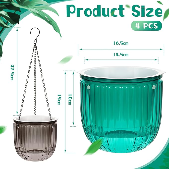Meanplan 4 Pcs Self Watering Hanging Planter Indoor 6.5 Inch Hanging Baskets for Plants Outdoor Plastic Flower Pot with 3 Hooks Chains Drainage Holes for Garden Home, Medium Size(Emerald, Gray)