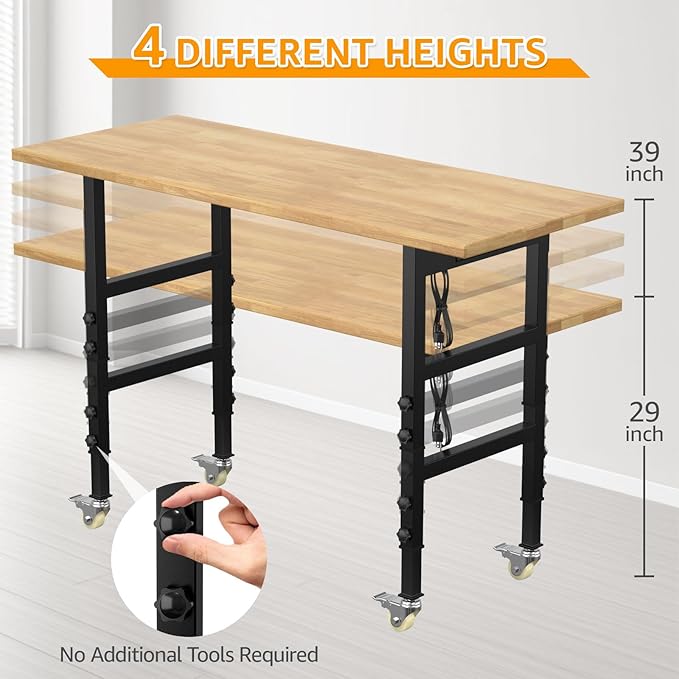 60" Adjustable Workbench,Heavy-Duty Work Table,3000 LBS Load Capacity Hardwood Workstation Outlets with Power Strips and Wheels,for Workshop, Garage