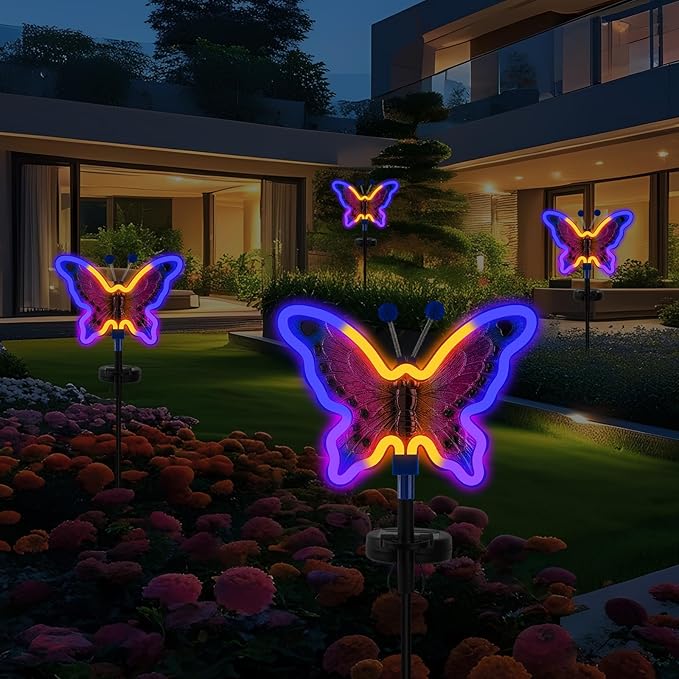 Solar Butterfly Lights, Butterfly Garden Solar Lights，Solar Lights Outdoor Decoration,Waterproof neon Outdoor lamp, Yard Patio Pathway Decor for Outside(Dark Blue, 2 Pack)
