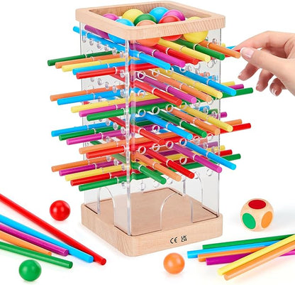 Montessori Wooden Board Games, 48 Colorful Sticks Dice Game with 12 Balls, Family Game for Kids and Adults, Math Educational Toys for 3 4 5 6 Years Old, Fine Motor Skills Toy Gifts for Boys and Girls