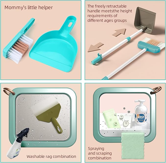 Kids Cleaning Set for Toddlers, Detachable 20 Pcs Pretend Play Set, Educational Toddler Cleaning Carts Includes Real Working Vacuum Cleaner, Broom, Spray Bottle and More