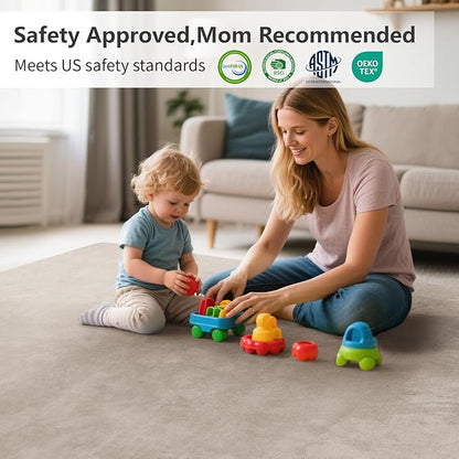 Baby Play Mat for Floor,Extra Large 79"×118" Tummy Time Mat,Thicker Memory Foam Mats for Toddler,Infant,Kids,Water Repellent Ultra Soft Coral Velvet,Non-Slip Backing Safe for Crawling(Beige)