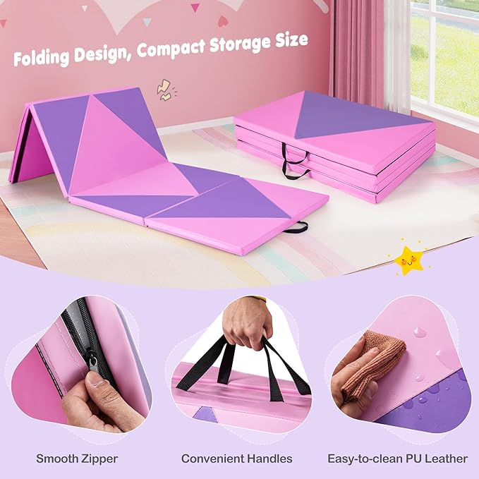 Giantex 4'x10'x 2" Gymnastics Mat, 4-Panel Folding Aerobics Exercise Mat w/Hook & Loop Fastener, Carrying Handle, Portable Tumbling Mat for Stretching Yoga Cheerleading Martial Arts