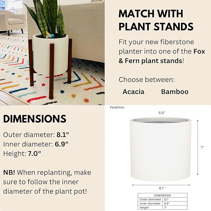 Fox & Fern 8 Inch Plant Pot with Drainage Plug — Premium Lightweight Fiberstone Matte White Planter; Indoor & Outdoor Planter; 8 Inch Pots for Plants; Weather Resistant & UV Resistant