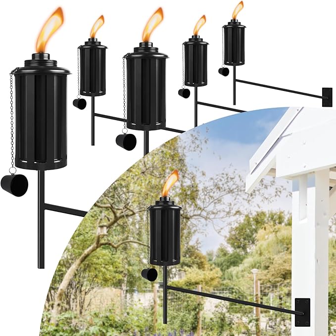 6 PCs Wall Mounted Citronella Torches for Outside, Metal 16 oz Garden Torches, Outdoor Garden Decorative, Easy Refillable Metal Torch for Patio, Deck, Garden, Yard, Black,