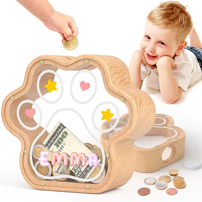 KMC Wooden Cat Caw Piggy Bank, Dog Paw Money Box for Boy Clear Piggy Bank for Girl Small Initial Coin Bank Personalized Gift for Birthday and Festival(Natural)