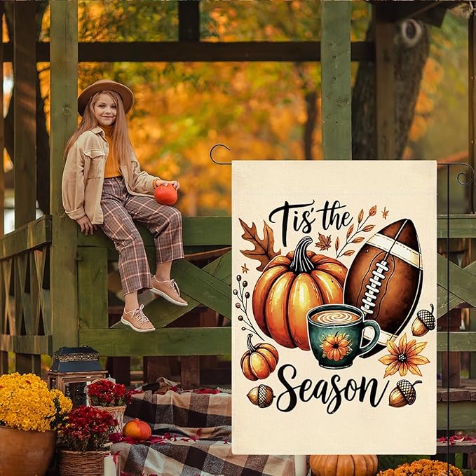 Tis the Season Fall Garden Flag Autumn Football Pumpkin Garden Flag 12x18 inch Double Sided Fall Thanksgiving Flags for Yard Home Porch Lawn (Flay 1804)