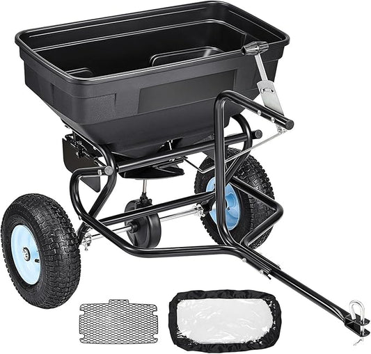 VEVOR Tow Behind Broadcast Spreader, 130LBS Capacity, Tow-Behind Lawn Spreader with 13 in Tires, 30 Adjustable Setting & 9.8 ft Spreading Width, Lawn Spreaders for Seed, Fertilizer, Salt, Ice Melt