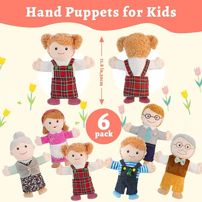 6 Pcs Family Hand Puppets for Kids 11.8 Inch Family Members Puppet Set Mom, Dad, Grandparents, Happy Kids Soft Stuffed Hand Puppet Theater Plush Toys for Toddlers Ages 1-3, 4-8 Role Play