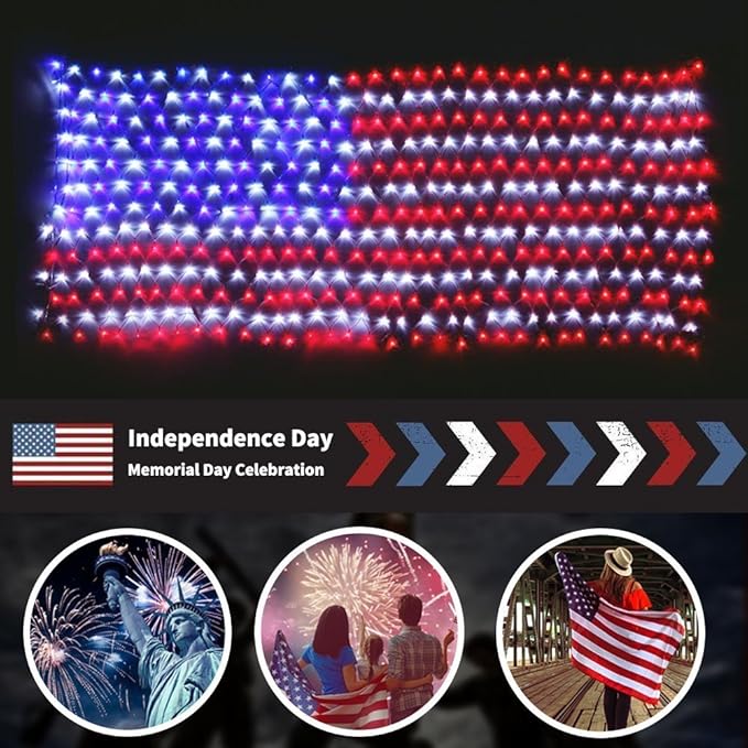 American LED Flag Net Lights - 420 LED 4th of July Decorations Outdoor Lighted Flag String Lights of The United States for Memorial Day Yard Garden Festival Holiday Party