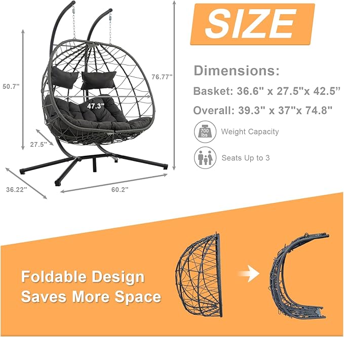 Double Egg Swing Chair with Stand, 2 Person Outdoor Indoor Hammock Hanging Chair with Cushion,Patio Wicker Hanging Egg Chair w/Cushion 700LBS Capacity for Bedroom, Balcony, Garden