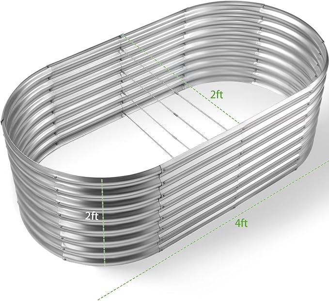 Land Guard 24“ Tall Galvanized Raised Garden Bed Kit, Galvanized Planter Garden Boxes Outdoor, Oval Large Metal Raised Garden Bed for Vegetables (Classic Silver, 4×2×2ft)