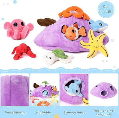 Muiteiur Plush Soft Ocean Animals Set with Plush Sea Shell House Includes Stuffed Turtle, Lobster, Crab, Dolphin, Devil Fish, Octopus, Starfish, Clownfish (Multicolor,8 Piece)