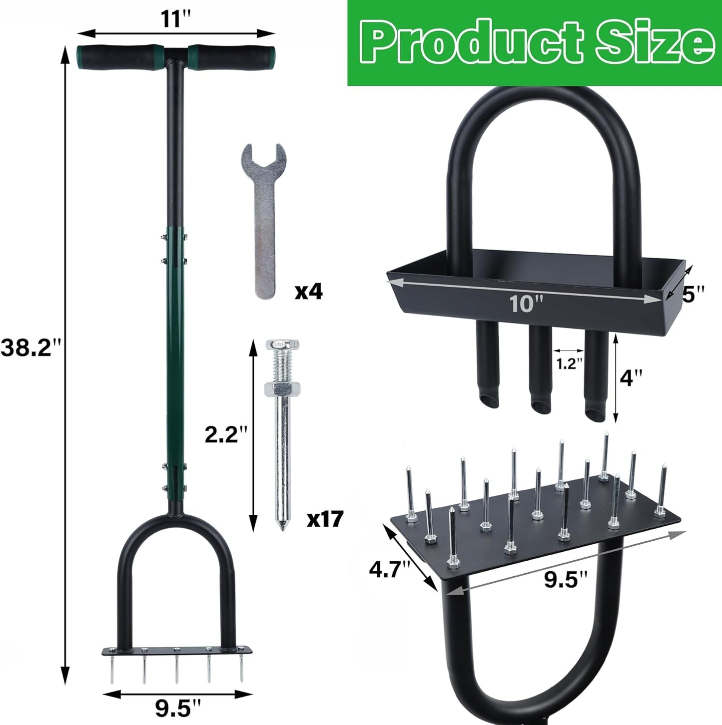 YOFIT 3-in-1 Lawn Aerator Tool with Spikes, Manual Core Yard Aerator, Grass Plug Air Aerators with Soil Tray, Metal Aeration Tools with Changeable Head for Lawn Care, Garden Maintenance (38.2 Inch)