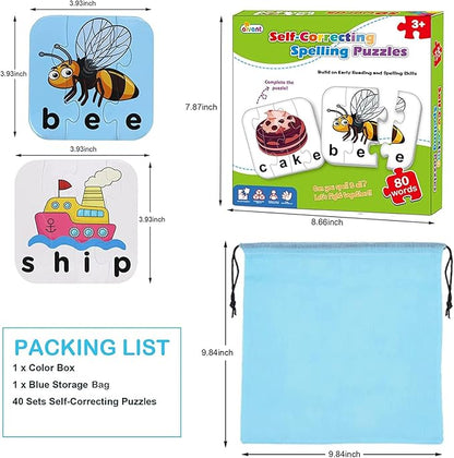 80 Words Self-Correcting Spelling Puzzles, Double-Sided Three and Four Letter Words with Matching Images, Perfect for Preschool Learning