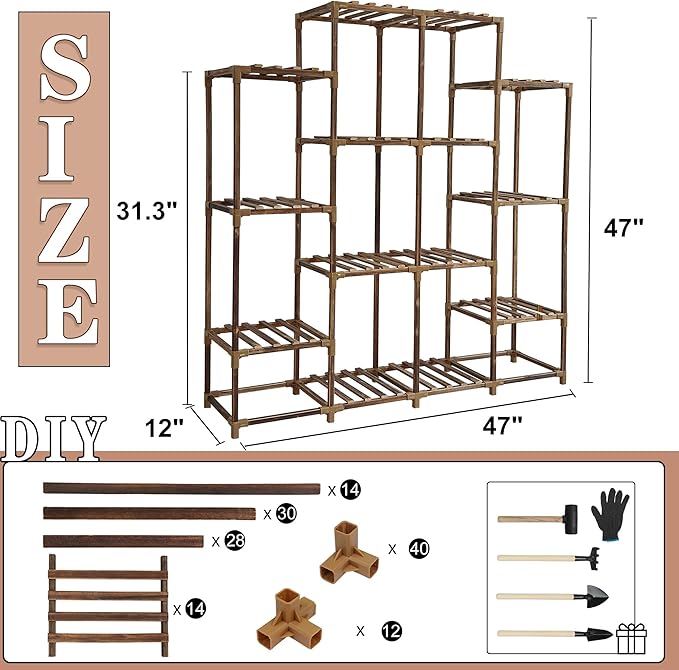 HOMKIRT 16 Tier Plant Stand with Four Headed Grow Lights, Plant Shelf with Grow Light, Wood Plant Stand Rack Flower Stand for Patio Porch Living Room