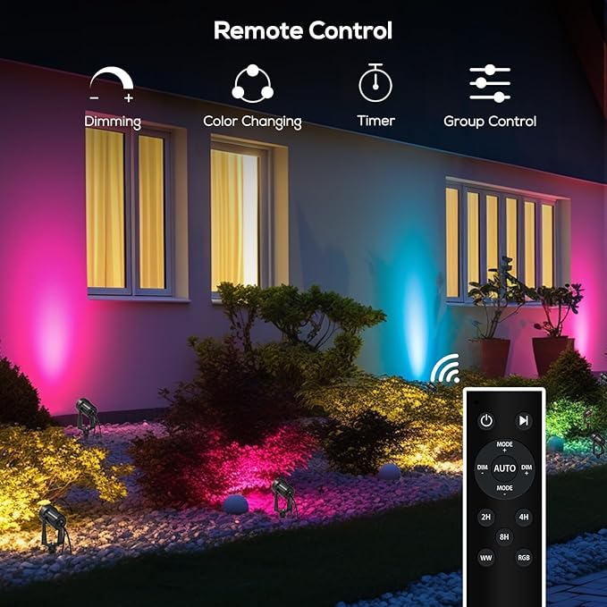 SUNTHIN Outdoor Landscape Lighting with Remote, RGBW Color Changing Spot Uplights, IP65 Waterproof & Connectable, 6 Pack