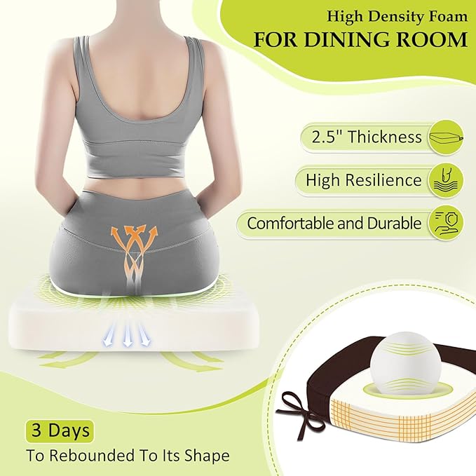 Chair Cushions for Dining Chairs, Indoor Chair Cushions with Ties，Waterproof Chair Pads Set of 4, Brown, 17x16x2.5 Inch