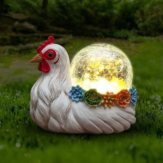 Solar Chicken Garden Statue Lights for Outdoor Decor with Cracked Glass LED Rooster Figurine Lighting Resin Succulent Hen Decorations for Patio Lawn Yard Home Housewarming Mom Wowen Gifts