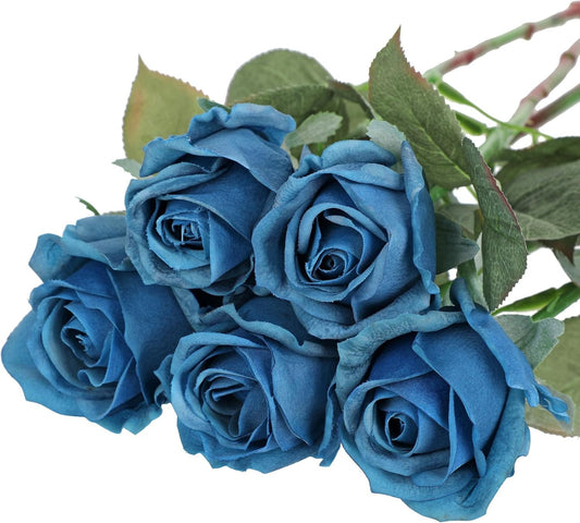 Artificial Realistic Roses Blue Flowers 24" Real Touch Silk Roses Bouquet Long Stems Rose Fake Roses Decor for Home Party Wedding Table Centerpieces Roses Realistic - 5 Pcs