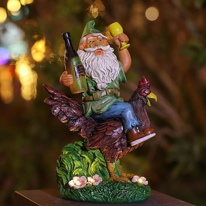 Garden Gnomes Statue Outdoor Decor,Funny Gnome Riding Rooster Sculptures Art Decor, Ideal Decoration for Yard Balcony Patio Lawn Home House - Birthday Gifts