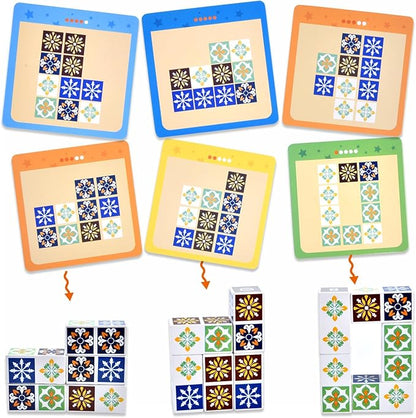 Wooden Matching Game Puzzle Games, Pattern Block Match Puzzles Building Cubes with Bell for Kids and Adults Toys Board Games for Family Night
