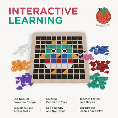 Tomaze Montessori Mosaic Tinker Tangram Set - Large Pixel Pattern Play Blocks, Wooden Grid Board, Educational STEM Puzzle for Learning Letters, Shapes - Safe & Easy To Grasp - Toy Gift for Kids Age 4+