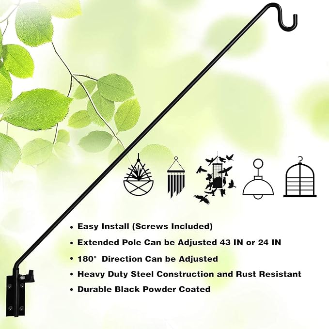 MIXXIDEA 2 Packs Heavy Duty Extended Reach Wall Mounted Deck Hook Wall Pole, Wall Bracket Direction and Length Adjustable Plant Bracket for Bird Feeders, Planters, Suet Baskets, Lanterns, Wind Chimes