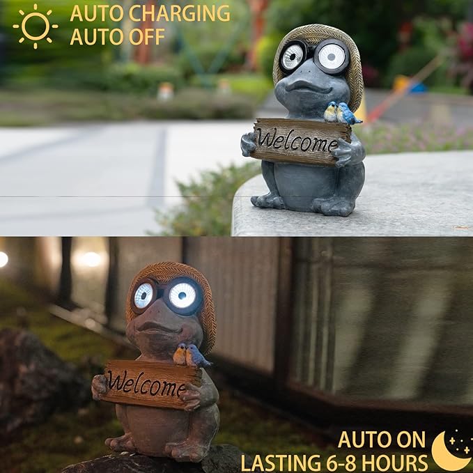 Garden Statue of Frog with Solar Light Eyes,Solar Decor Frog Outdoor Decorations,Frogs Figurine for Patio, Balcony, Yard, Lawn Ornament,Perfect Garden Gift,9.72inch