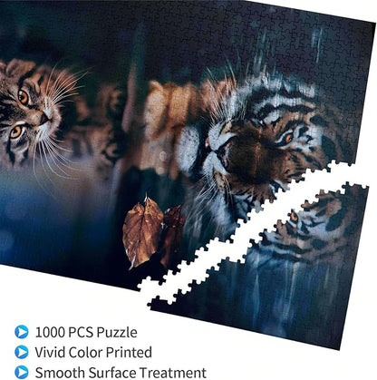 Challenge 1000 Pieces Adult, Tiger Cat Wooden Puzzle, Challenging Brain Puzzle Game Relaxing Pastime Recreational Activity Jigsaw Size: 29.5 X 19.7 in and 1:1 Original Picture Poster