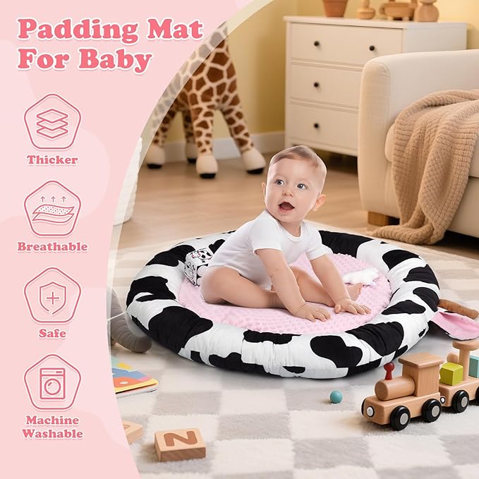 Pink Cow Baby Play Gym,Tummy Time Mat with 6 Sensory Toys, Extra Thick Soft Baby Play Mat for Floor, Newborn Essentials Christmas Gift 0-3-6-9-12 Months