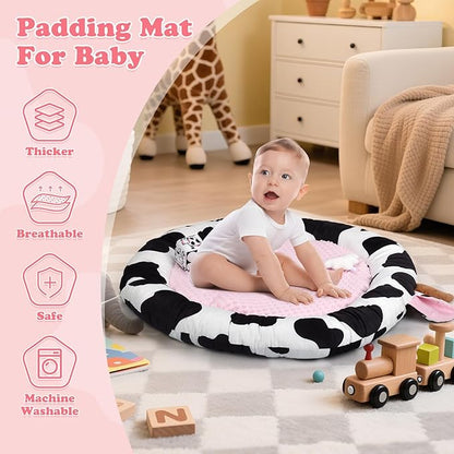 Pink Cow Baby Play Gym,Tummy Time Mat with 6 Sensory Toys, Extra Thick Soft Baby Play Mat for Floor, Newborn Essentials Christmas Gift 0-3-6-9-12 Months