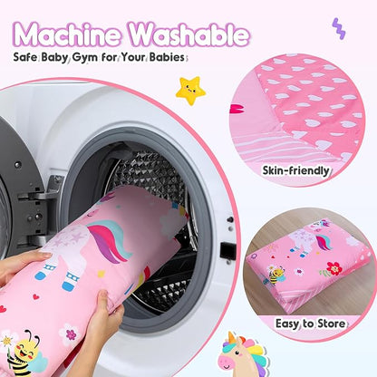 Unicorn Baby Gym Play Mat, 9-in-1 Tummy Time Mat with 7 Baby Toys, Washable Baby Activity Mat for Visual, Sensory, Motor Development, Newborn Baby Toys Gift for Toddler 0-3-4-6-9-12 Months