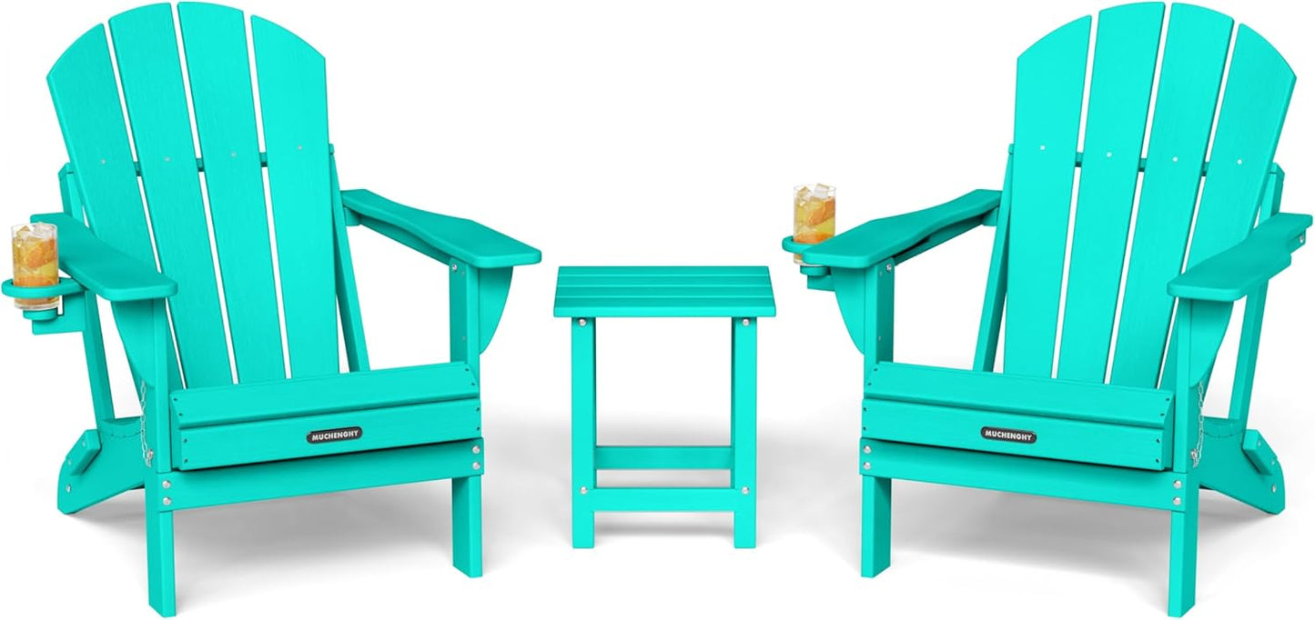 MUCHENGHY Folding Adirondack Chairs and Table Set, Outdoor Chair, Adirondack Chair Plastic, Fire Pit Chair, Weather Resistant with Cup Holder for Deck, Backyard, Garden(Lake Blue, 3-Piece)