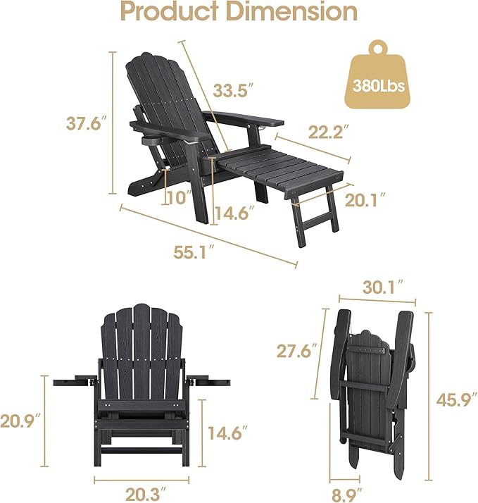 Adjustable Backrest Folding Adirondack Chair Set of 2, Adirondack Chair with Ottoman, Weather Resistant Fire Pit Chair with 2 Cup Holders, for Porch Backyard Outdoor Lawn Pool Deck Beach, Black