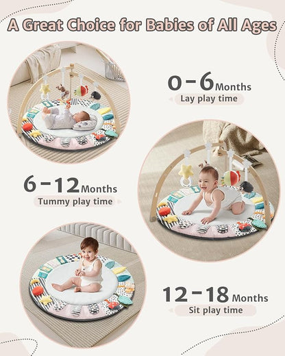 Baby Play Mat Activity Gym,6 Developmental Zones Tummy Time Mat, Foldable Wooden Baby Play Gym with 7 Detachable Sensory Toys for Newborn Brain Development, Essential Baby Shower Set