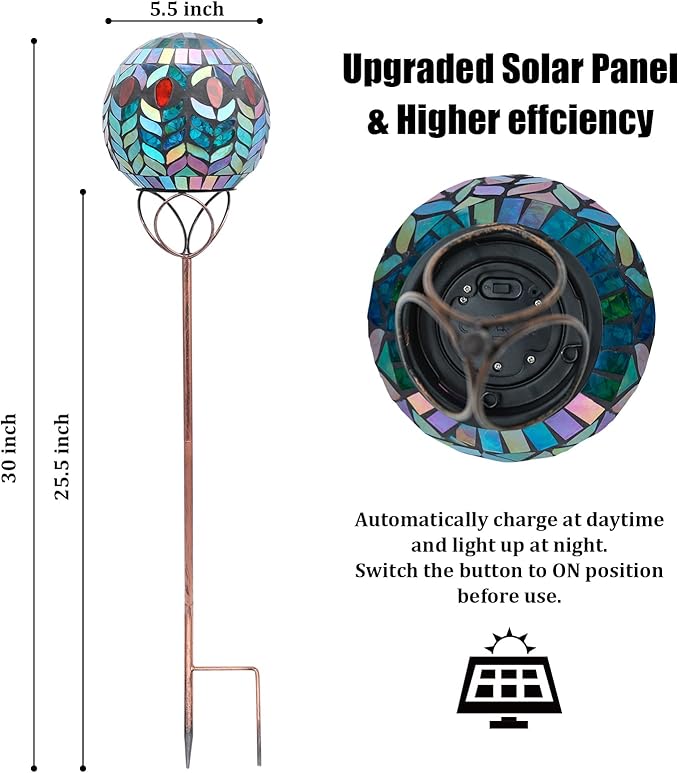 VCUTEKA Solar Outdoor Lights Garden Decor Mosaic Solar Garden Lights Waterproof Glass Ball LED Pathway Stake Light for Landscape Lawn Patio Yard Decoration 6 inch, Colorful