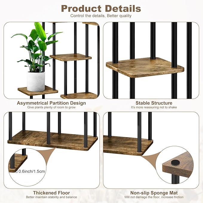 7 Tier Wood Tall Plant Stand Metal Rack Indoor, Multiple Flower Pot Holder Shelves Corner Rack, Planter Shelf Display Rack Storage Organizer for Patio Living Room Balcony Garden(Black)