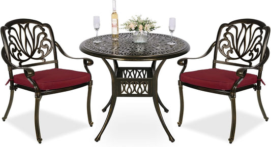 MEETWARM 3 Piece Patio Bistro Set, Outdoor All-Weather Cast Aluminum Dining Furniture Set Includes 2 Cushioned Chairs and a 35.4” Round Table with Umbrella Hole for Garden Deck, Chili Red