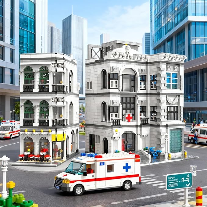 City Emergency Hospital Building Kit, MOC Street View Architecture 3 Levels Modular Buildings with 17 Figures, Construction Sets Ideas Present for Adults (4953 Pcs)