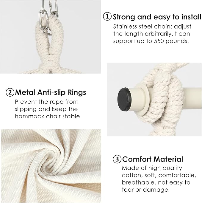 Y- STOP Hammock Chair Hanging Rope Swing Chair, Max 500 Lbs, 2 Seat Cushions Included, Removable Steel Spreader Bar with Anti-Slip Rings for Indoor or Outdoor(Beige)