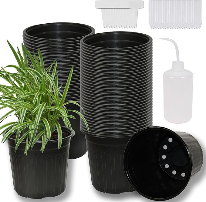 60-Pack 2 Gallon Flexible Plastic Plant Pots with 50Pcs Plant Labels,Thickened Soft Seed Starting Container for Indoor Outdoor Plants, Seedlings, Vegetables, Succulents and Cuttings