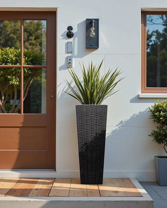 Greesum 24 Inch Tall Plastic Planters with Rattan Texture – Set of 2, Detachable Inner Pot & Drainage Holes, Indoor/Outdoor Decorative Flower Pots for Large Plants, Trees, Patio, and Garden, Black