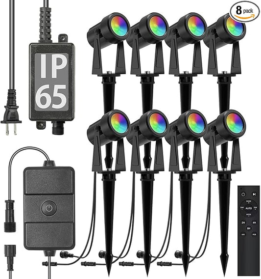 SUNTHIN Outdoor Landscape Lighting with Remote, RGBW Color Changing Spot Uplights, IP65 Waterproof & Connectable, 8 Pack