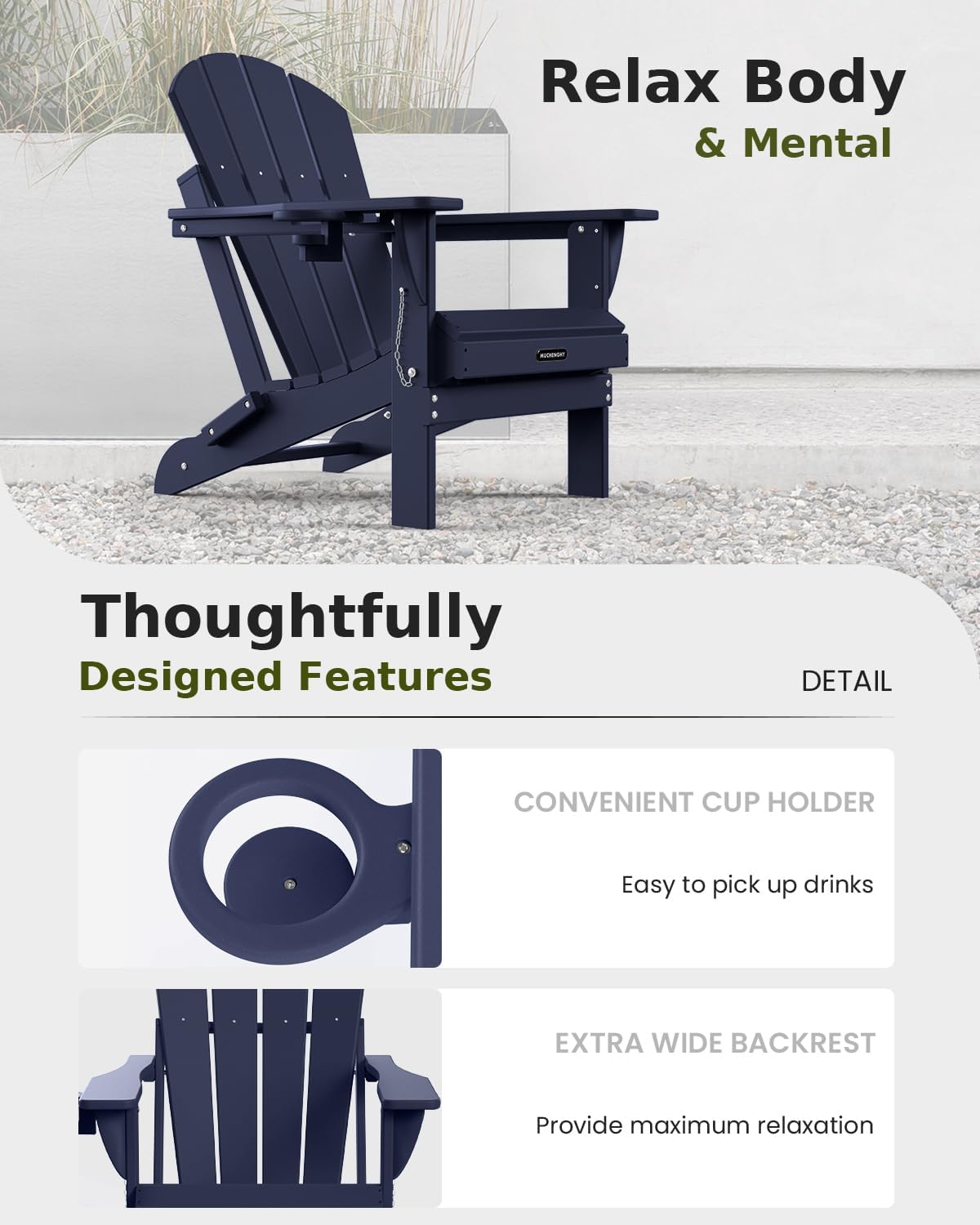 MUCHENGHY Folding Adirondack Chairs, Patio Chairs, Lawn Chairs, Outdoor Chair, Adirondack Chair Plastic, Fire Pit, Weather Resistant with Cup Holder for Deck, Backyard, Garden(Dark Navy Blue)