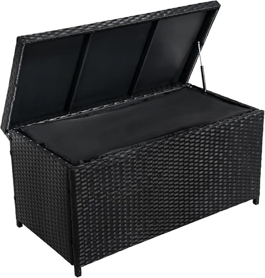 Outdoor 70 Gallon Wicker Storage Box with Waterproof Liner, Patio PE Rattan Storage Container for Outside, Deck Box with Hinged Lid for Cushions, Pillows, Towels, Horizontal Bin, Black